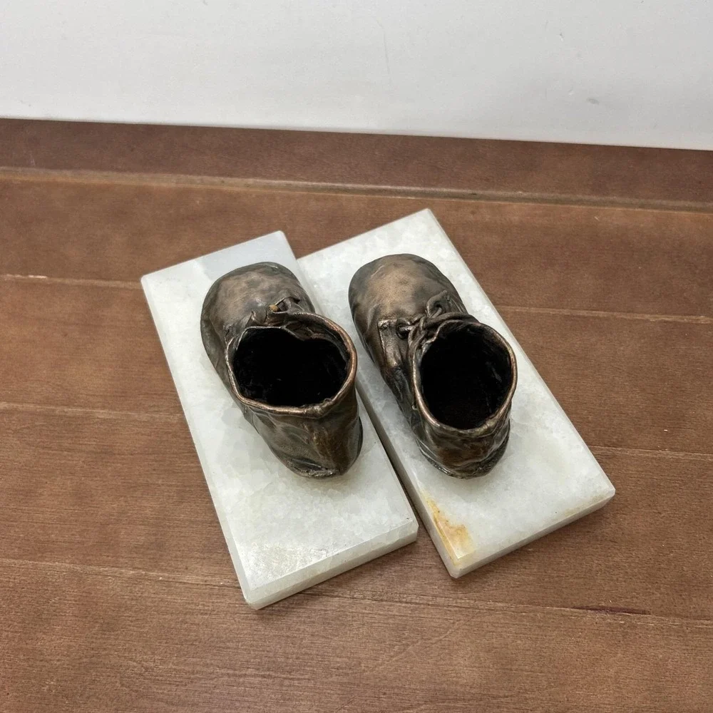 Vintage Copper Baby‎ Toddler Shoes Bookends Paperweight Marble Base